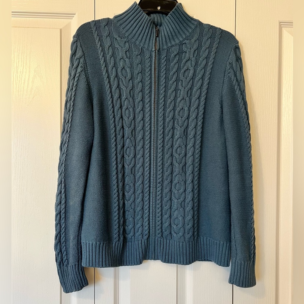 L.L. Bean Cable Knit Fisherman Zip Up Cardigan Sweater Jacket Size Large